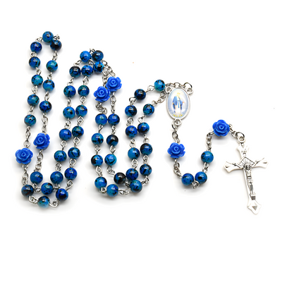 BlessingTree Blue Rose Bead Glass Rosary Necklace with Silver Crucifix and Virgin Mary Centerpiece