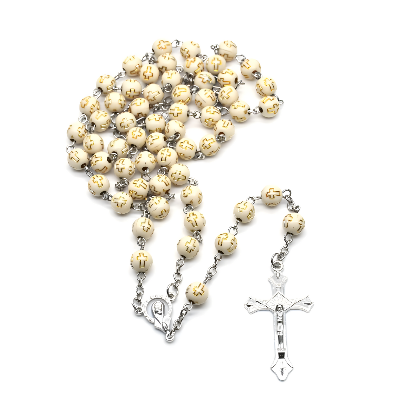 BlessingTree Cream White Cross Rosary Necklace — Elegant Prayer Beads with Silver Crucifix