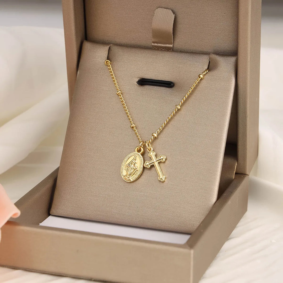 Dainty Virgin Mary Cross Necklace Catholic Miraculous Medal Necklace for Women Baptism Gift