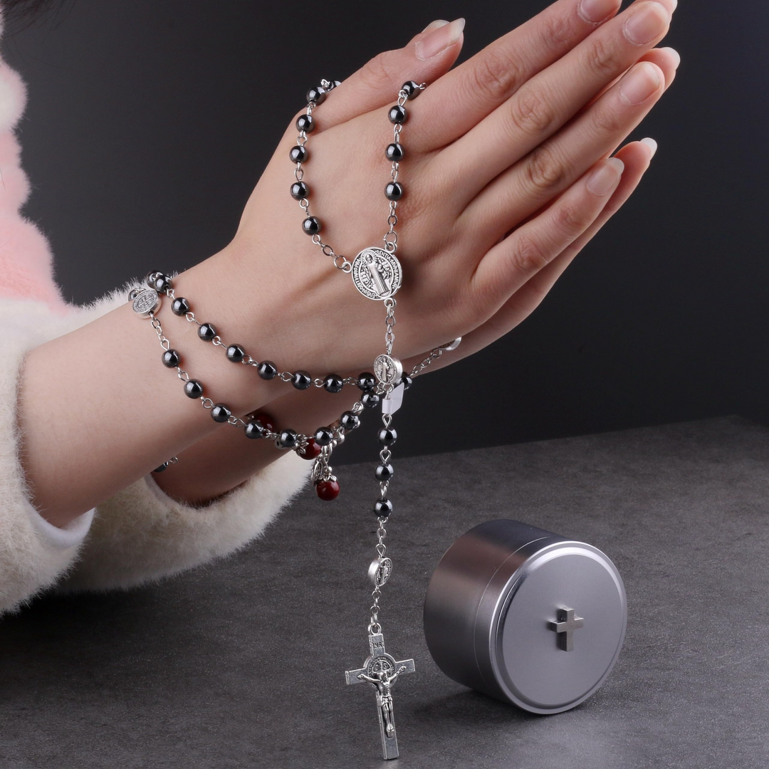 BlessingTree Hematite Rosary Necklace with Saint Benedict Cross