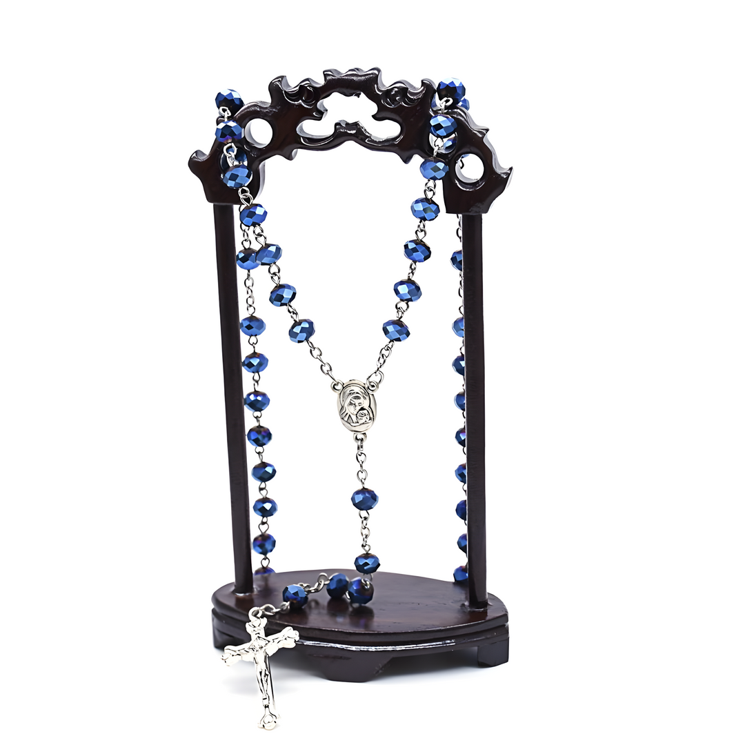 BlessingTree Deep Blue Crystal Rosary Necklace with Silver Crucifix and Virgin Mary Centerpiece