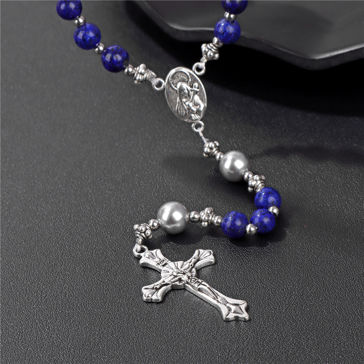 BlessingTree Midnight Blue Stone Rosary Necklace with Silver Crucifix