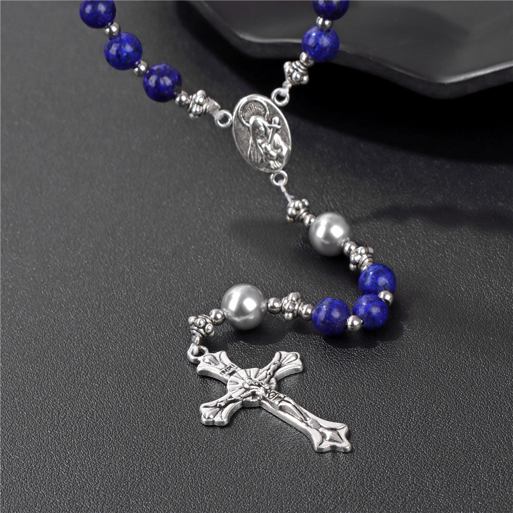 BlessingTree Midnight Blue Stone Rosary Necklace with Silver Crucifix