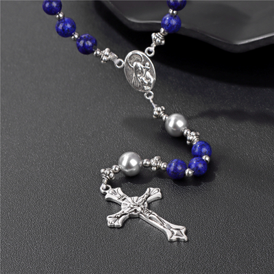 BlessingTree Midnight Blue Stone Rosary Necklace with Silver Crucifix