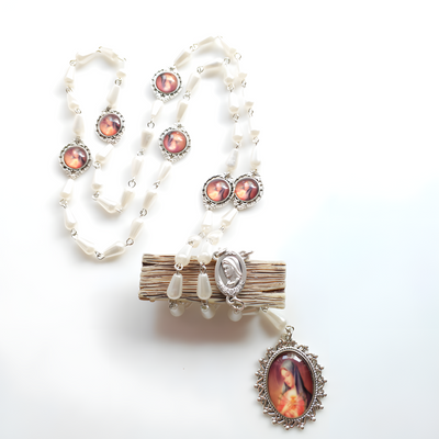 BlessingTree Our Lady of Guadalupe & Crucifix of 5×10 mm Drop-shaped White Acrylic Glass Rosary Necklace