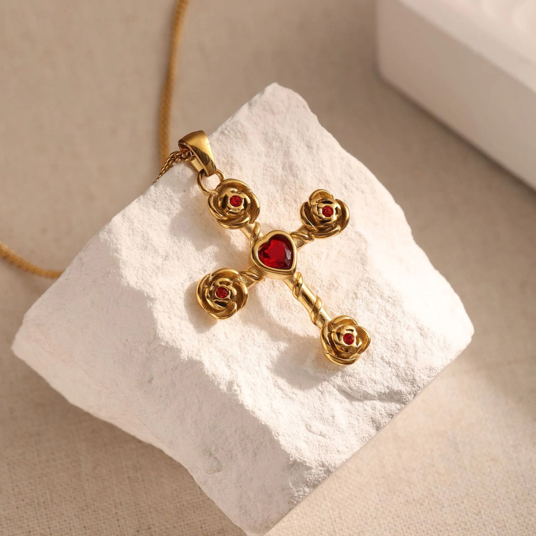 BlessingTree Gold Cross Necklace with Green or Red Heart Stone Christian Stainless Steel Pendant