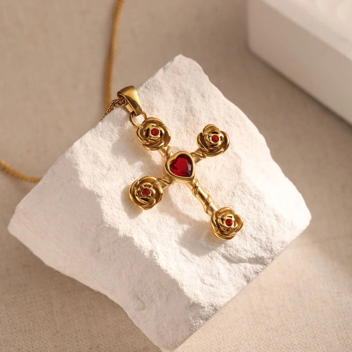 BlessingTree Gold Cross Necklace with Green or Red Heart Stone Christian Stainless Steel Pendant