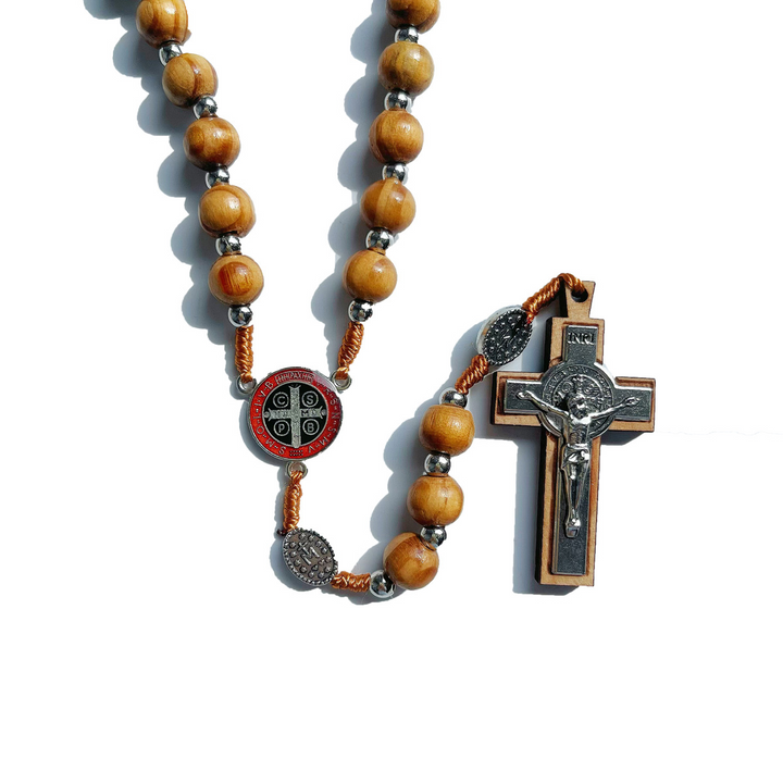 BlessingTree Vintage Natural Wood Bead Rosary Necklace