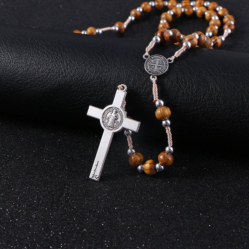 BlessingTree Natural Wood Bead Rosary with St. Benedict Crucifix