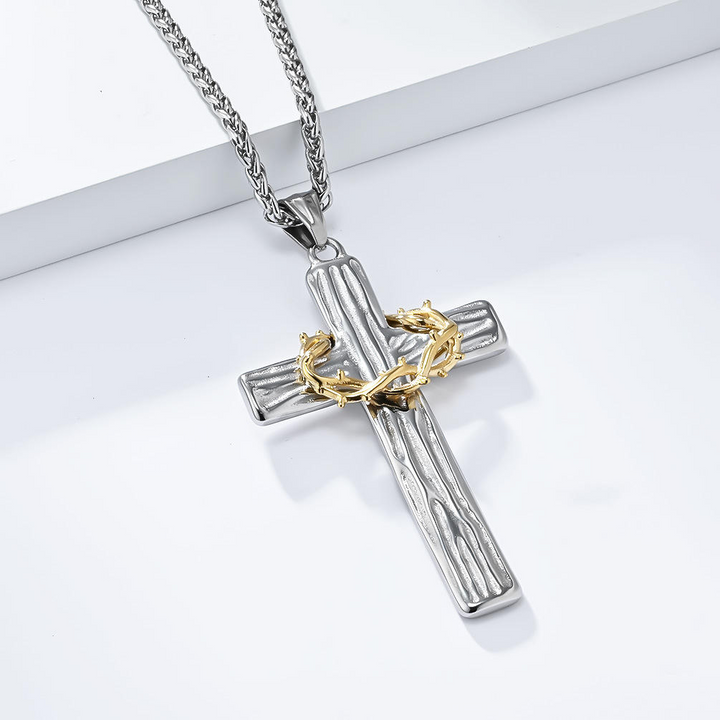 BlessingTree Stainless Steel Cross Necklace with Crown of Thorns