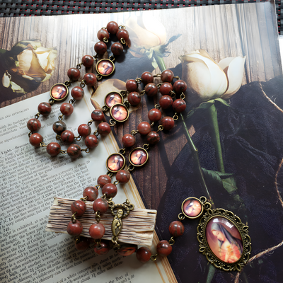 BlessingTree Vintage Jasper Rosary Necklace with Virgin Mary Medal and Crucifix Pendant