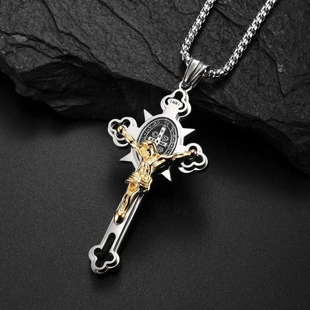 BlessingTree Saint Benedict Cross Pendant Necklace in Polished Titanium Steel with 2.5mm Chain