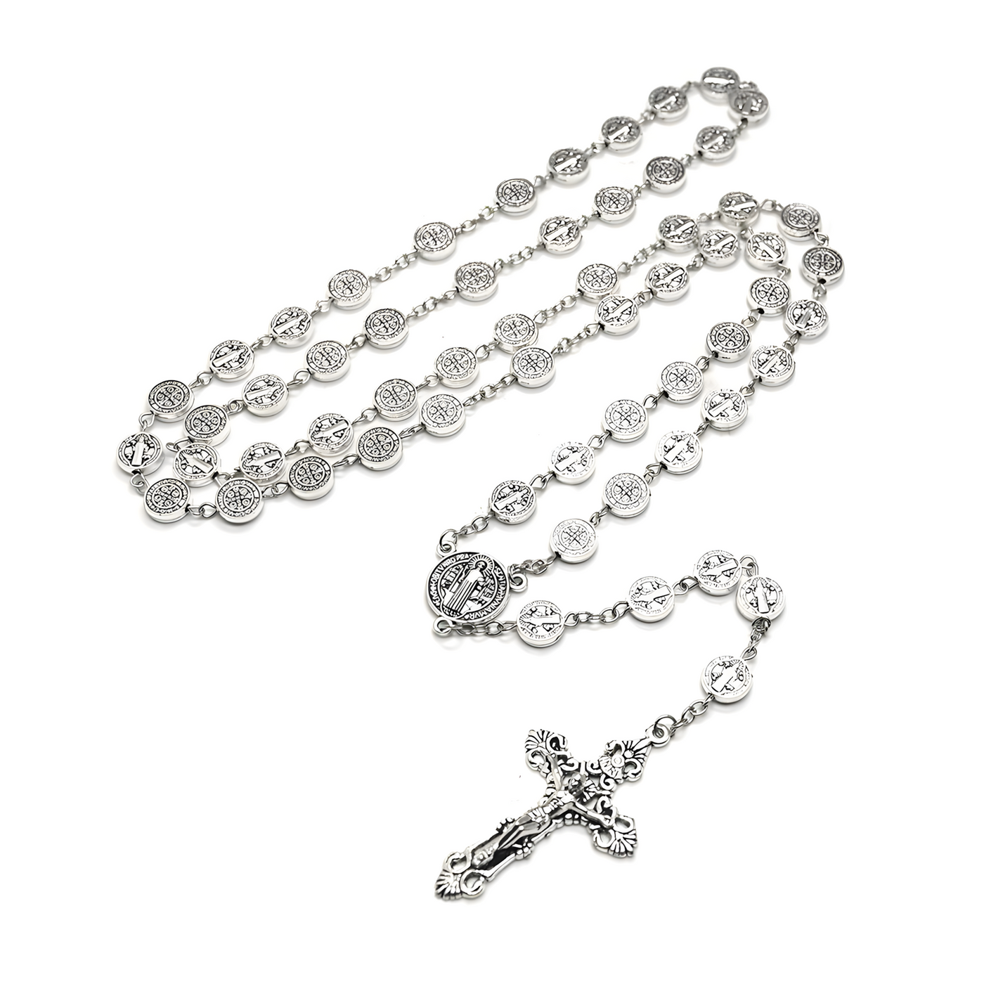 St. Benedict Antique Silver Rosary Necklace – 10mm Alloy Beads Catholic Crucifix Prayer Beads