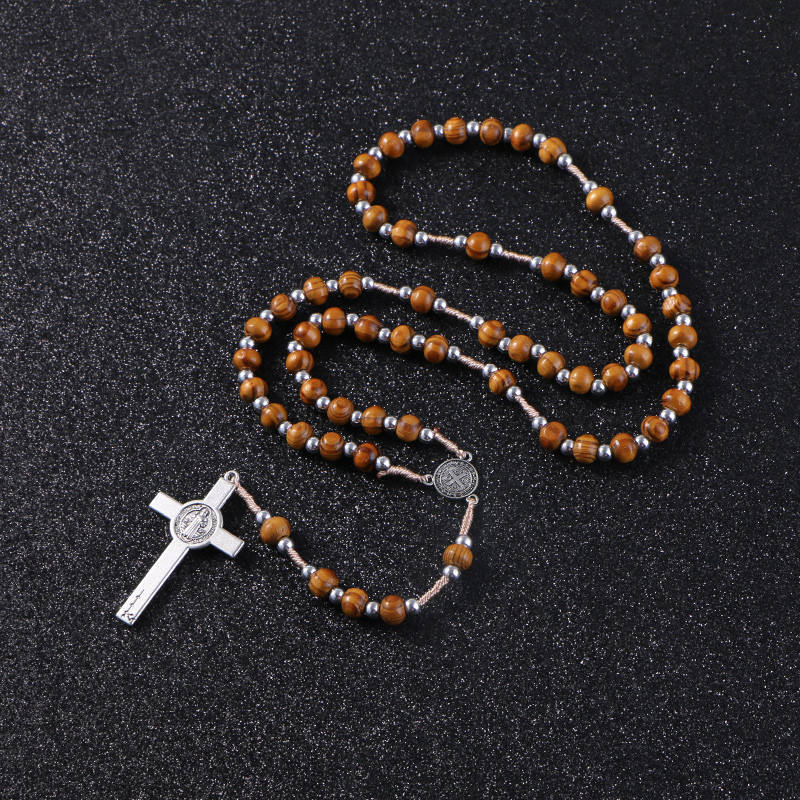 BlessingTree Natural Wood Bead Rosary with St. Benedict Crucifix
