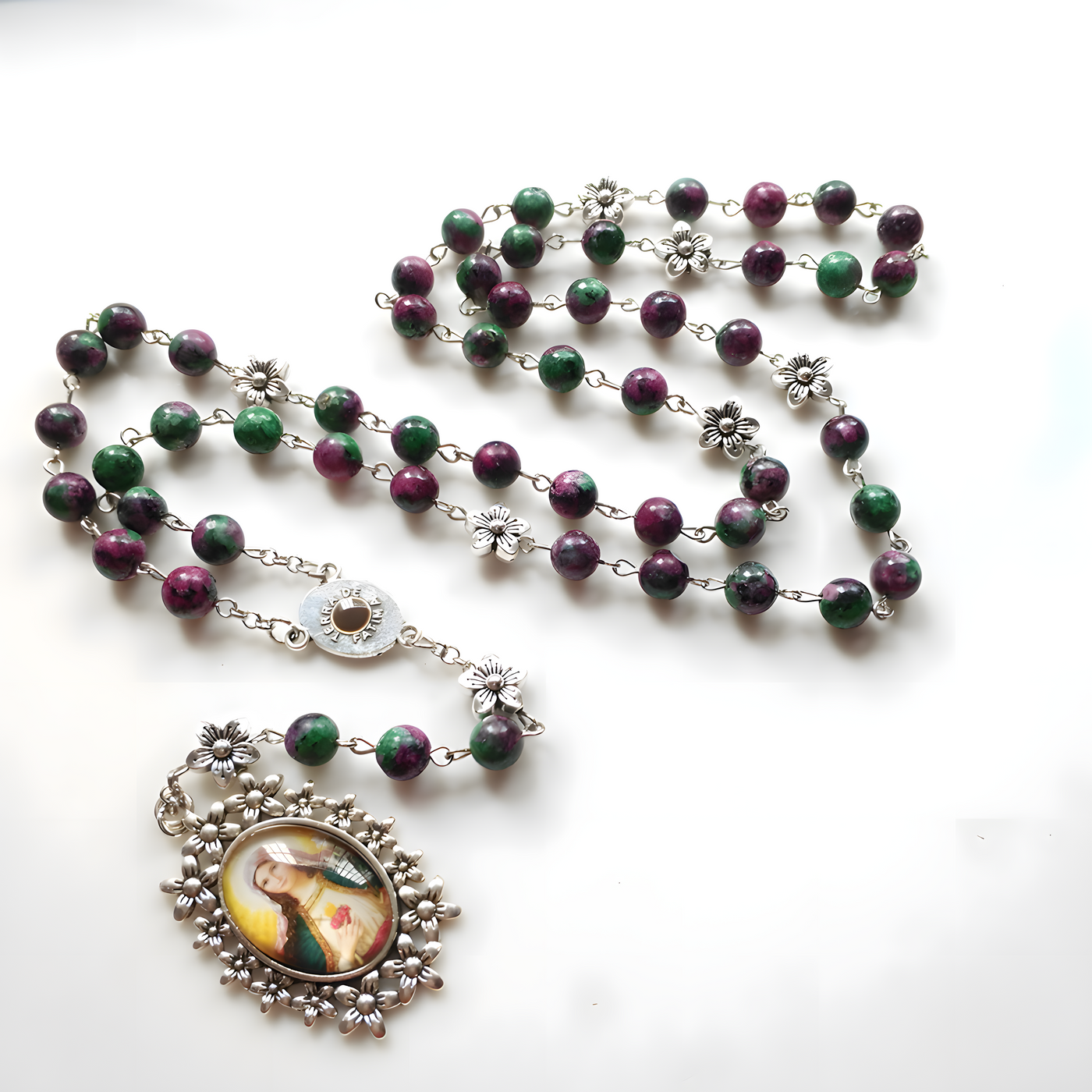 BlessingTree Glass Sacred Heart Rosary Necklace with Natural Stone Beads