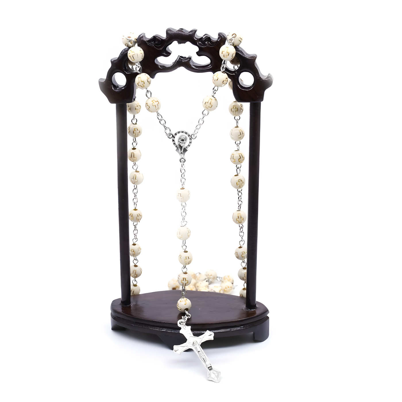 BlessingTree Cream White Cross Rosary Necklace — Elegant Prayer Beads with Silver Crucifix