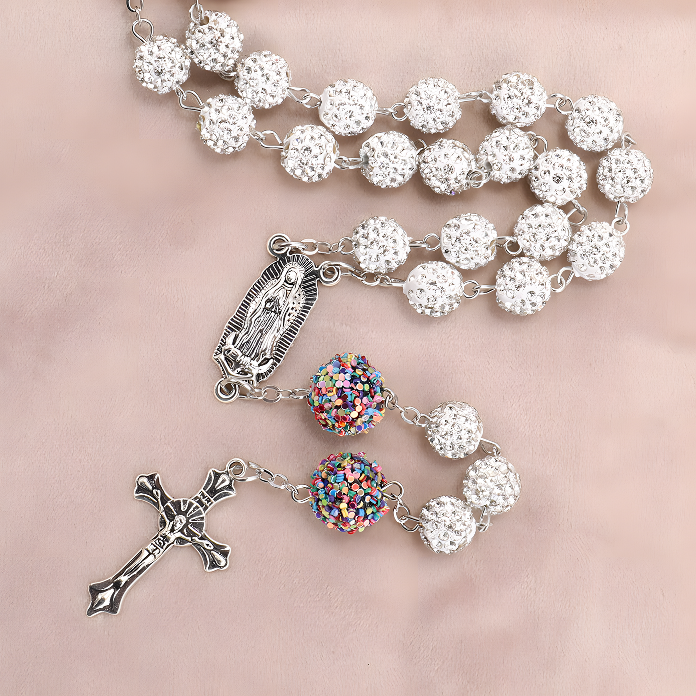 BlessingTree Our Lady of Guadalupe & Crucifix Rosary with 10mm White Rhinestone Beads