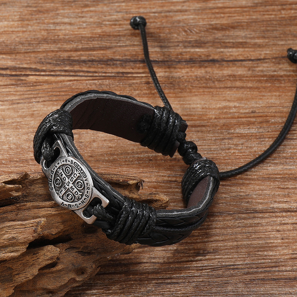 BlessingTree Handcrafted Leather Bracelet with St. Benedict Medal