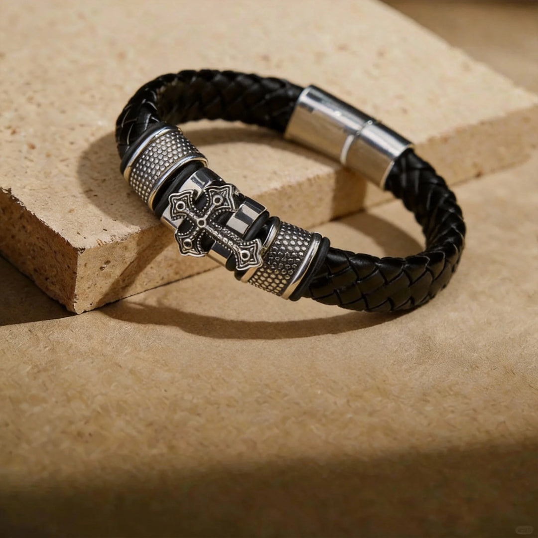 BlessingTree Braided Leather Cross Bracelet