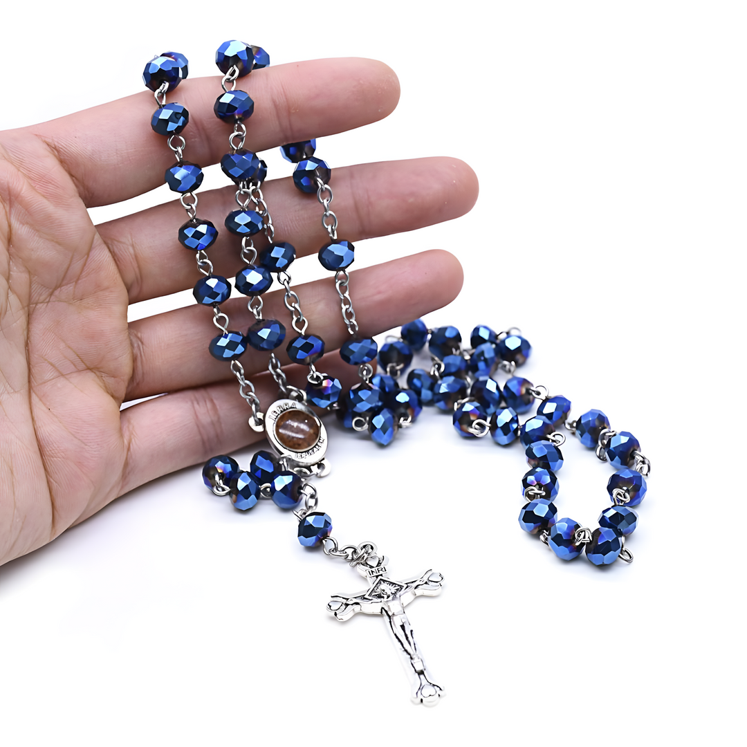 BlessingTree Deep Blue Crystal Rosary Necklace with Silver Crucifix and Virgin Mary Centerpiece