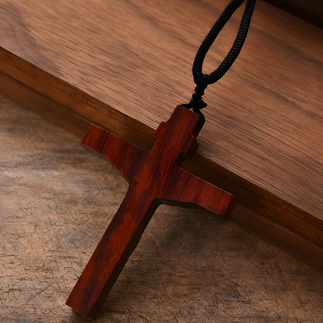 BlessingTree Natural Wood Crucifix Necklace, Hand-Carved Jesus Pendant with Adjustable Cord