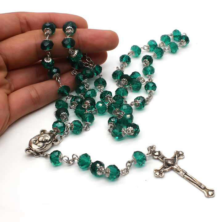 BlessingTree Emerald Crystal Rosary with Silver Crucifix – A Handcrafted Beaded Prayer Necklace