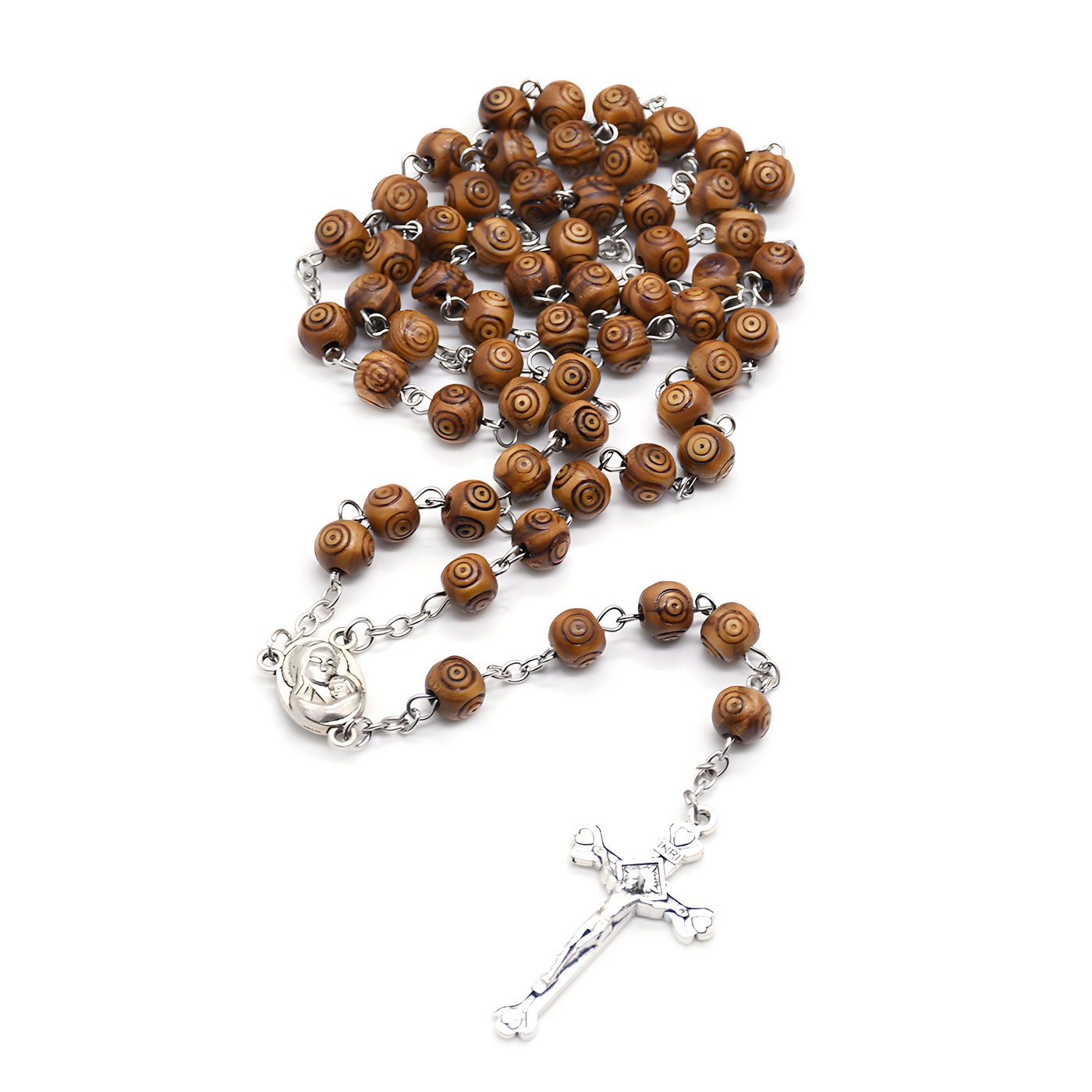 BlessingTree Handmade Wooden Rosary Necklace with Metal Crucifix