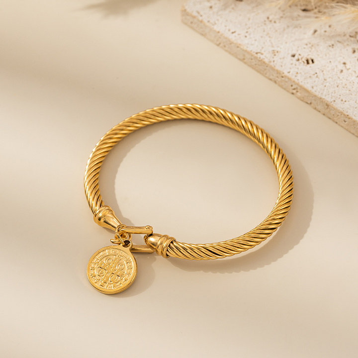 BlessingTree Stainless Steel Cable Bracelet with Saint Benedict Medal