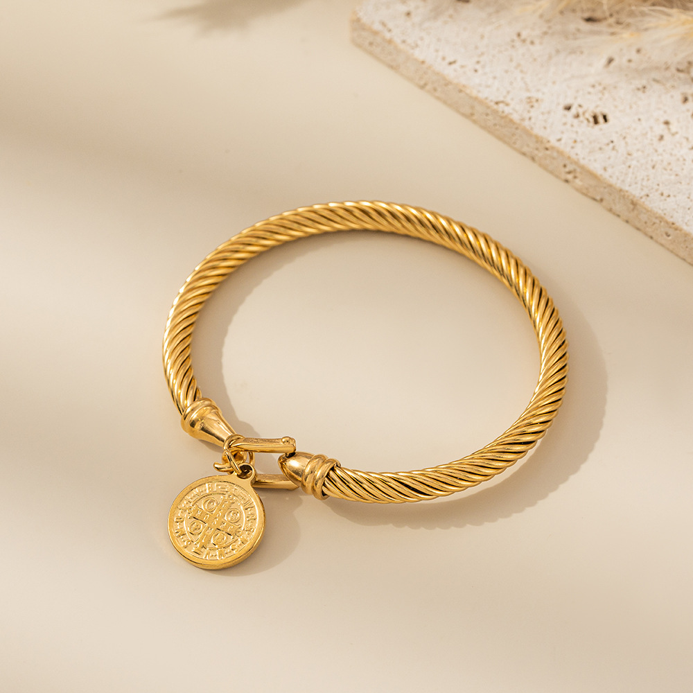 BlessingTree Stainless Steel Cable Bracelet with Saint Benedict Medal