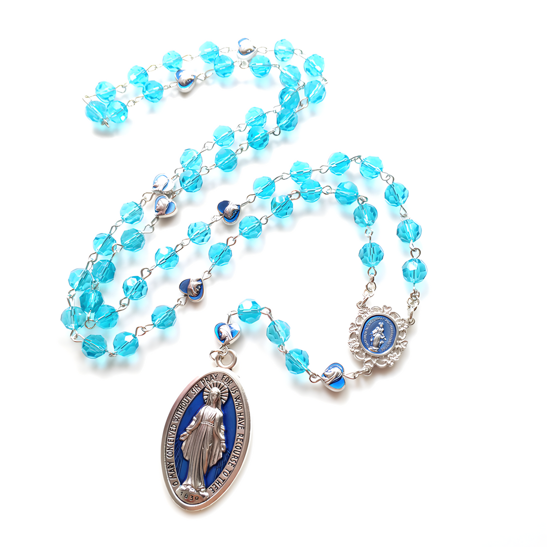 BlessingTree Miraculous Medal Rosary Necklace with 8mm Lake Blue Crystal Beads & Silver Crucifix