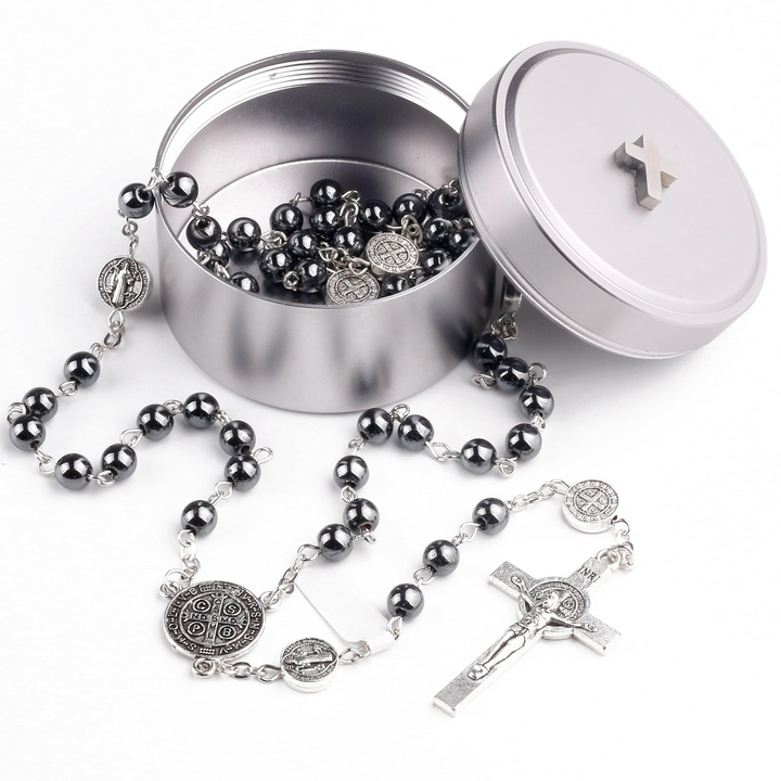 BlessingTree Hematite Rosary Necklace with Saint Benedict Cross