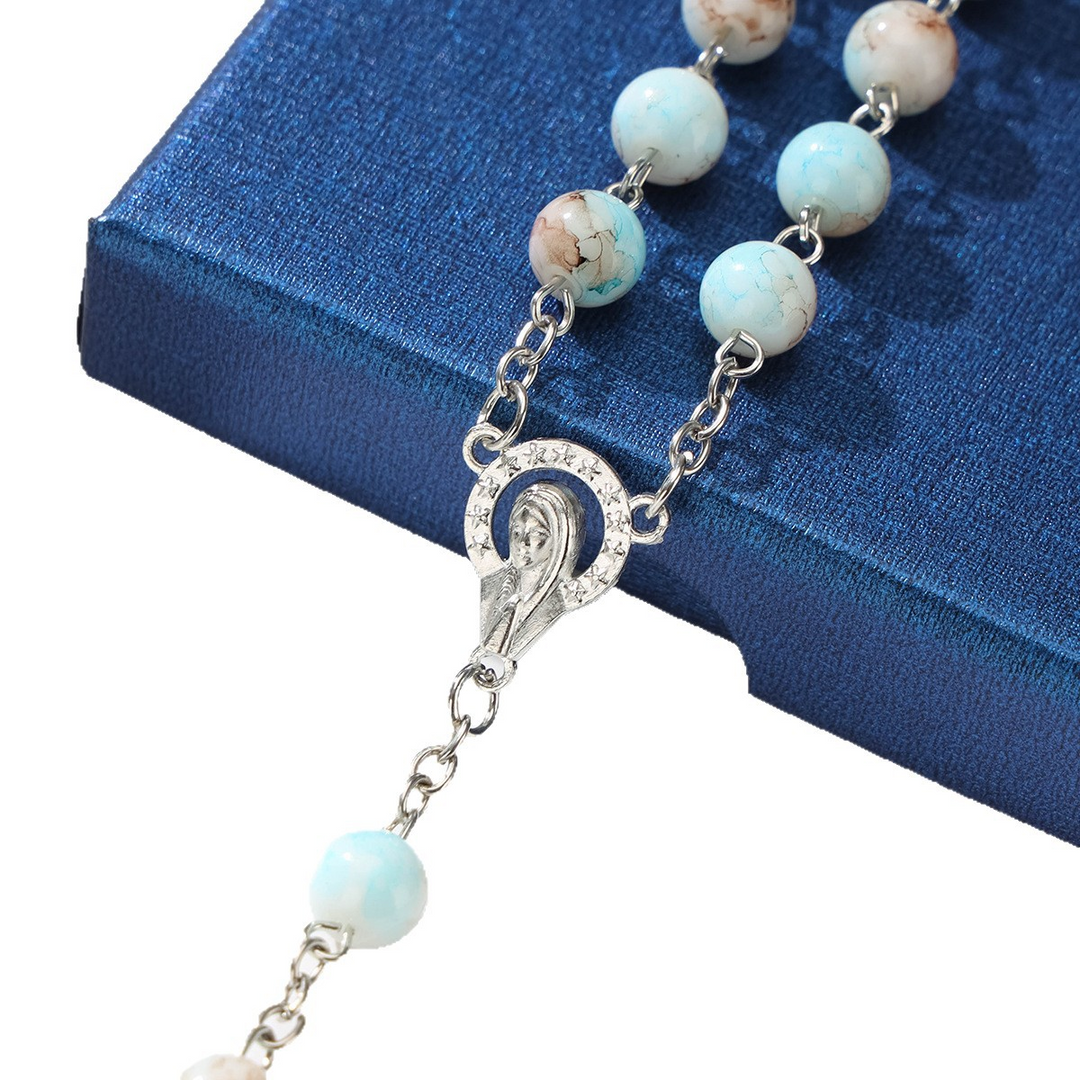 BlessingTree Vintage Blue Glass Bead Rosary Necklace