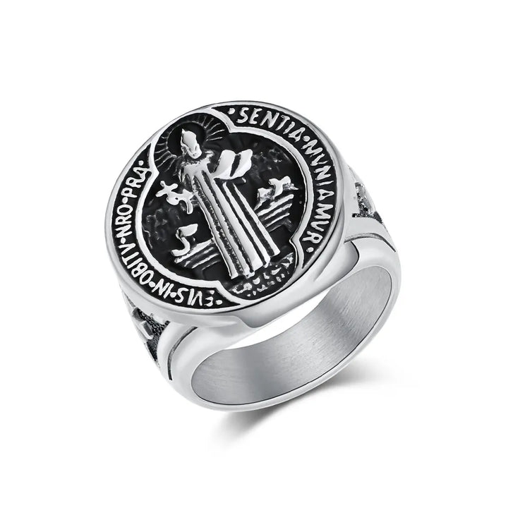 BlessingTree Vintage St. Benedict Stainless Steel Ring