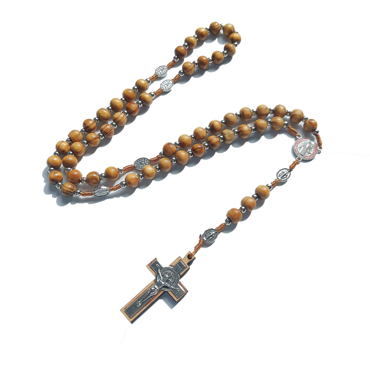 BlessingTree Vintage Natural Wood Bead Rosary Necklace