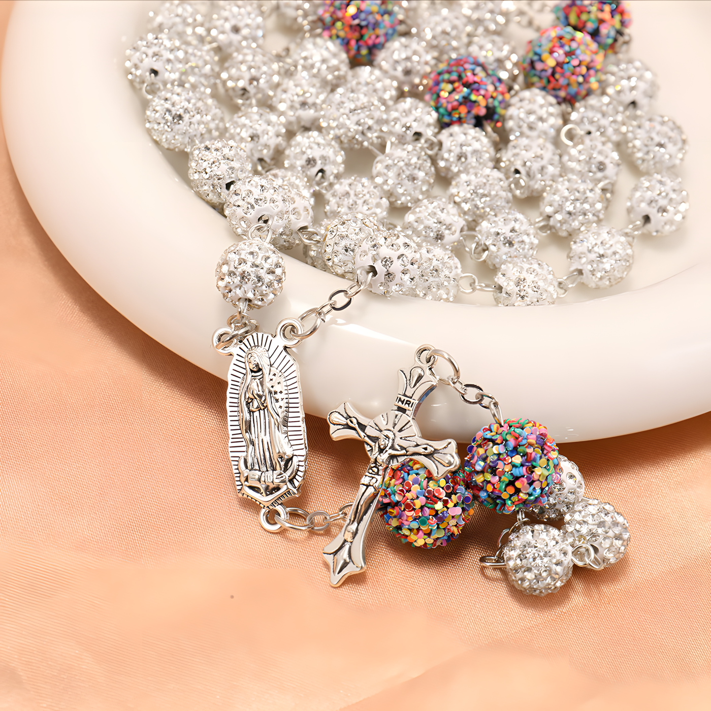 BlessingTree Our Lady of Guadalupe & Crucifix Rosary with 10mm White Rhinestone Beads