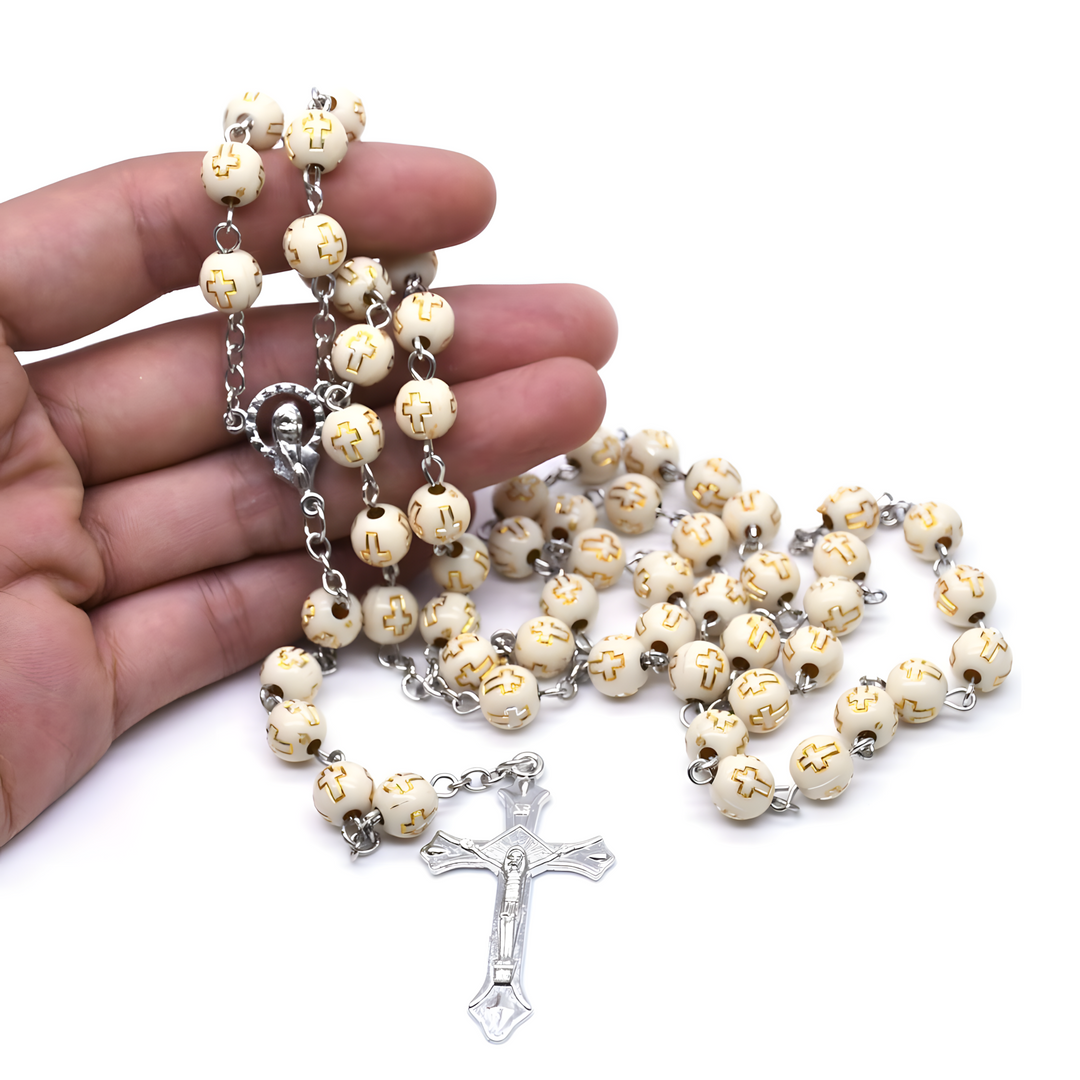 BlessingTree Cream White Cross Rosary Necklace — Elegant Prayer Beads with Silver Crucifix