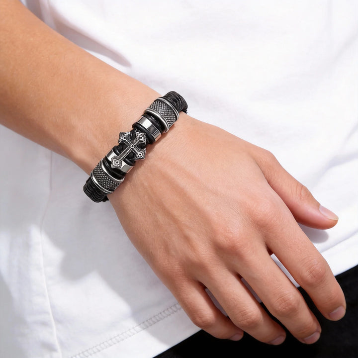 BlessingTree Braided Leather Cross Bracelet