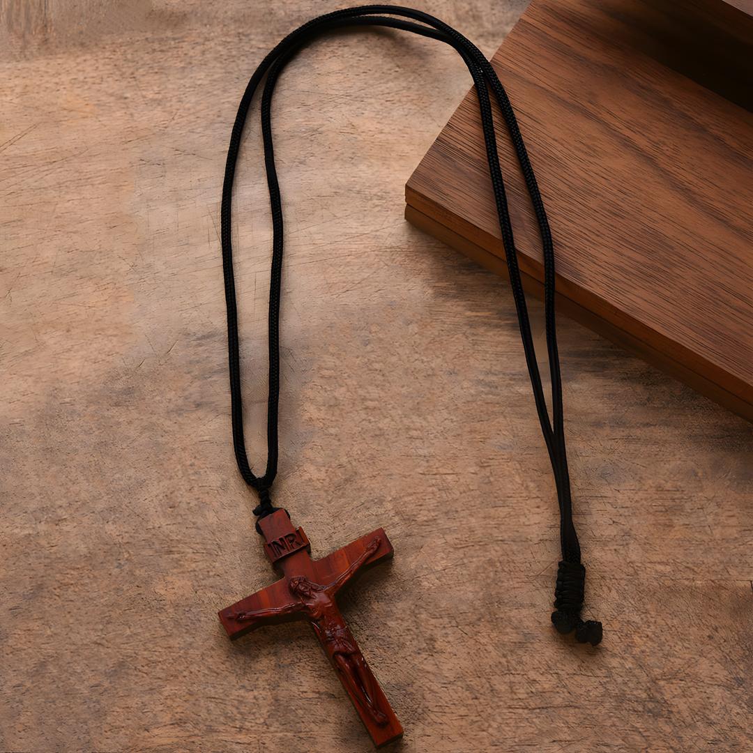 BlessingTree Natural Wood Crucifix Necklace, Hand-Carved Jesus Pendant with Adjustable Cord