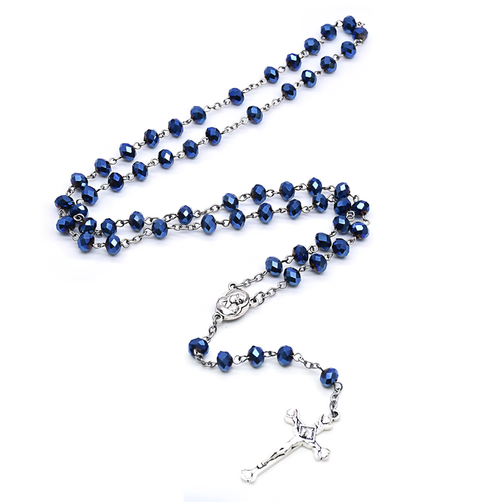 BlessingTree Deep Blue Crystal Rosary Necklace with Silver Crucifix and Virgin Mary Centerpiece