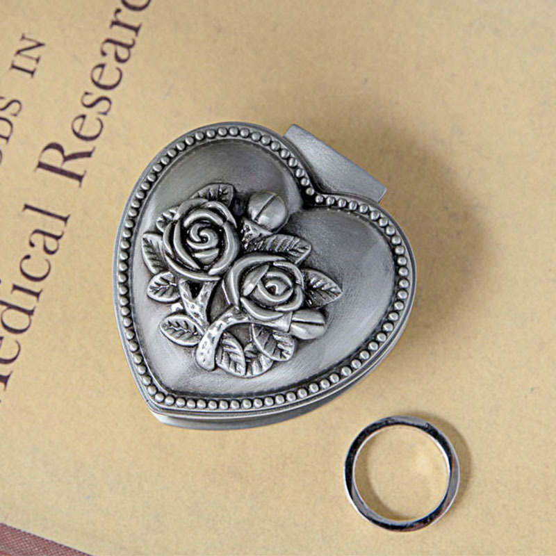 BlessingTree Vintage Rose Jewelry Box, Zinc Alloy Ring and Rosary Storage Case, Round or Heart Design
