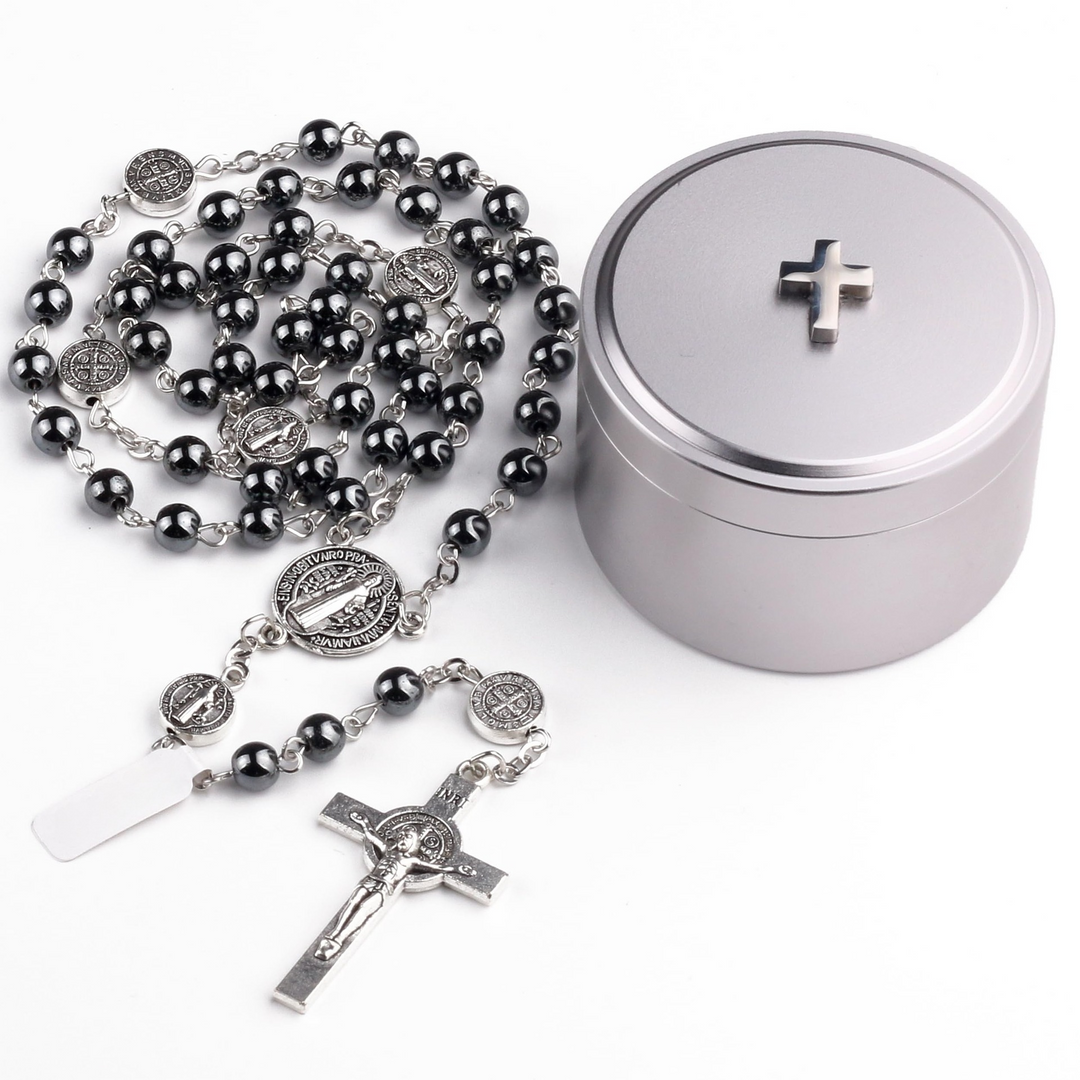 BlessingTree Hematite Rosary Necklace with Saint Benedict Cross