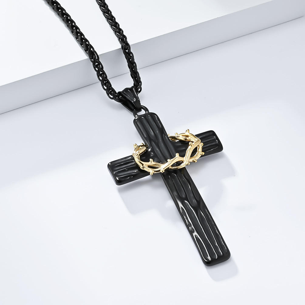 BlessingTree Stainless Steel Cross Necklace with Crown of Thorns