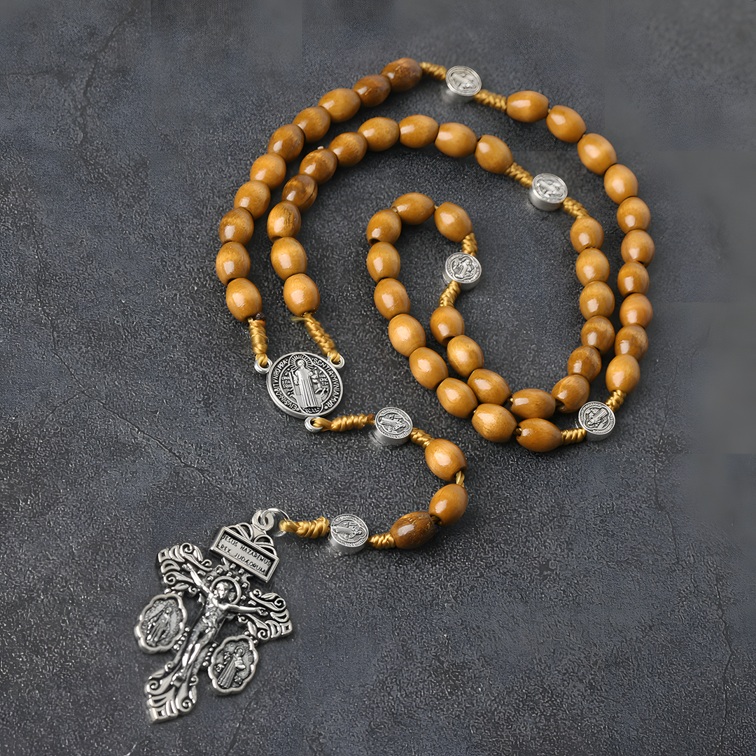 BlessingTree Wooden Catholic Rosary Necklace with Absolution Crucifix Pendant
