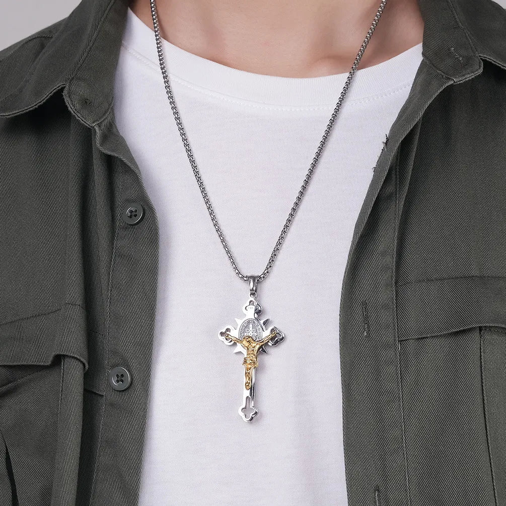 BlessingTree Saint Benedict Cross Pendant Necklace in Polished Titanium Steel with 2.5mm Chain