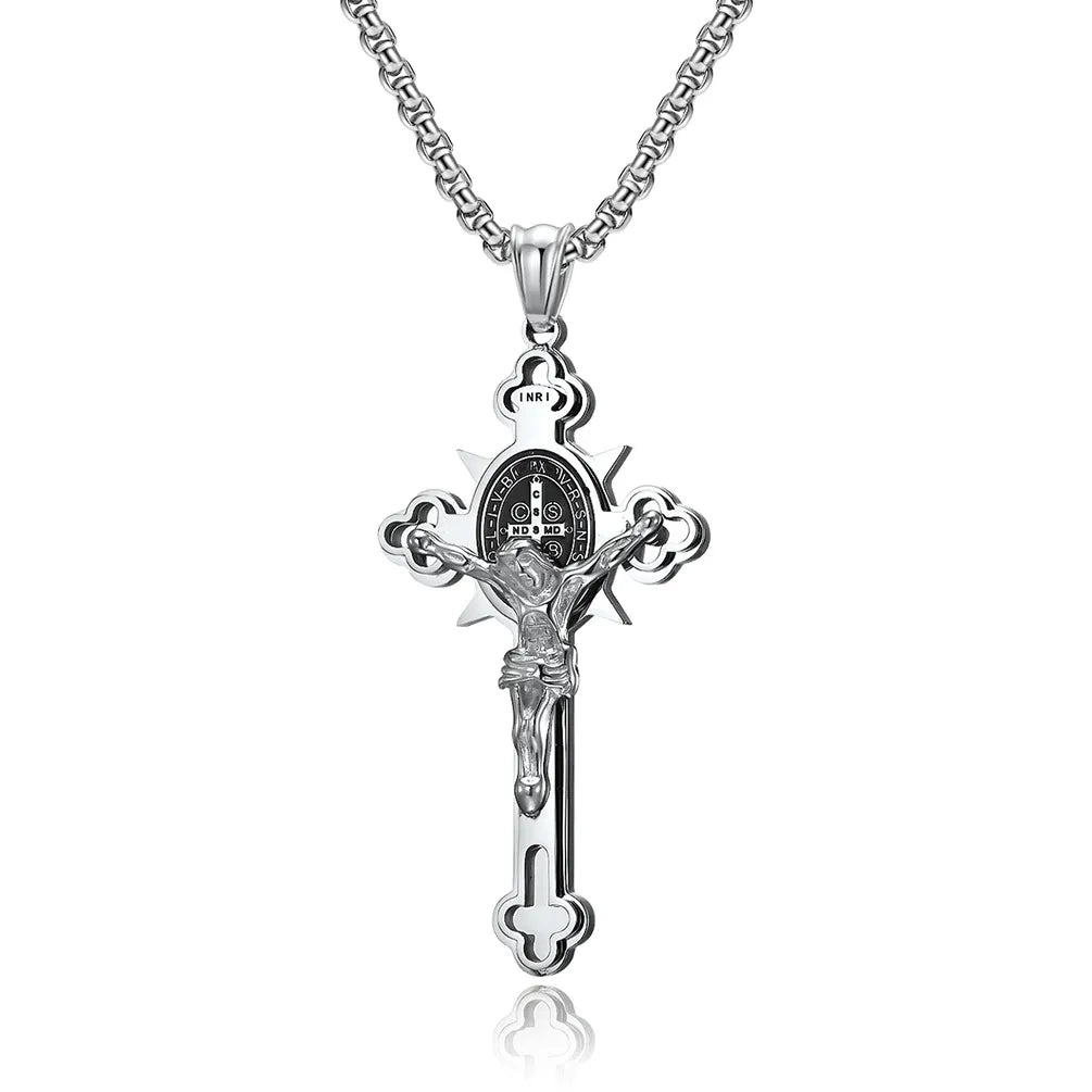 BlessingTree Saint Benedict Cross Pendant Necklace in Polished Titanium Steel with 2.5mm Chain