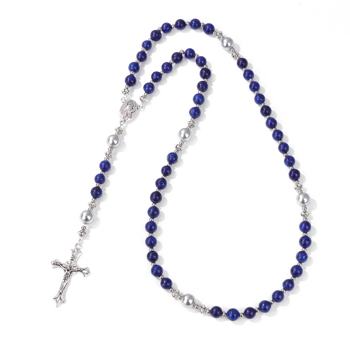 BlessingTree Midnight Blue Stone Rosary Necklace with Silver Crucifix
