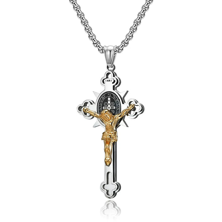 BlessingTree Saint Benedict Cross Pendant Necklace in Polished Titanium Steel with 2.5mm Chain