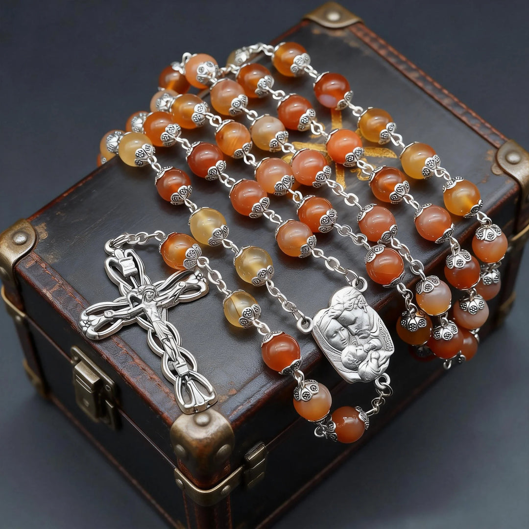 BlessingTree Natural Agate Rosary Bracelet, 8 mm Beads with Floral Caps, Madonna and Child Centerpiece, Vintage Catholic Prayer Jewelry