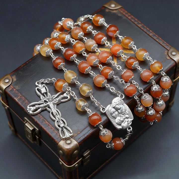 BlessingTree Natural Agate Rosary Bracelet, 8 mm Beads with Floral Caps, Madonna and Child Centerpiece, Vintage Catholic Prayer Jewelry
