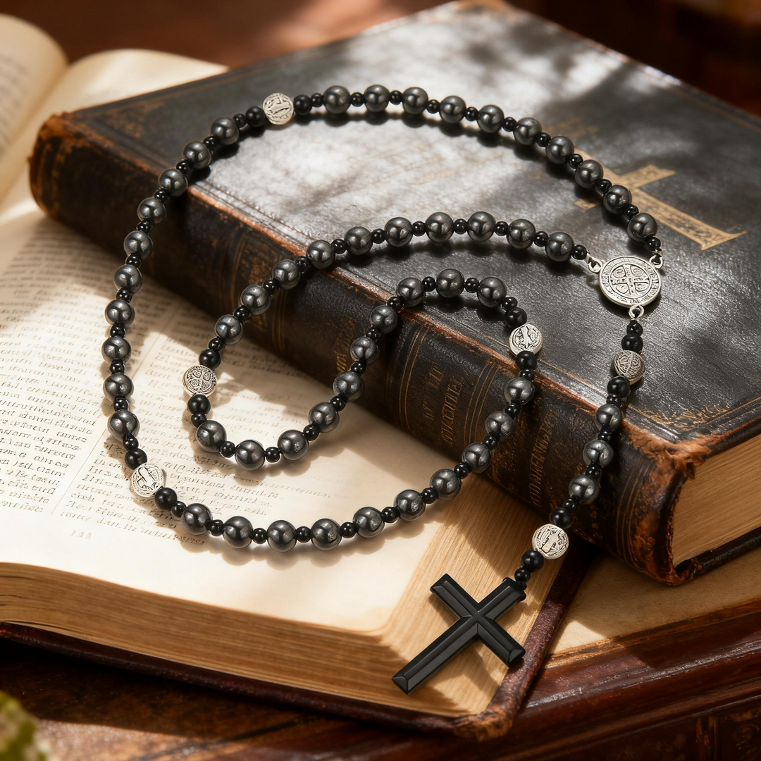 BlessingTree Black Onyx St. Benedict Rosary Necklace